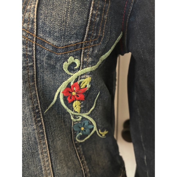 Harley Davidson Womens Denim Jacket‎ Embroidered Flowers Bird Red Script Size S - Picture 4 of 8
